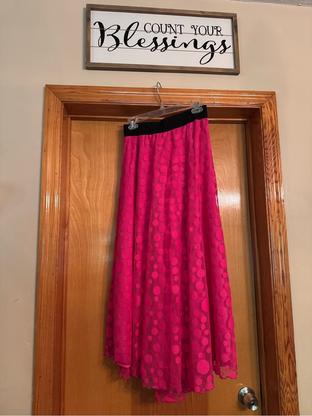 Women's Hot Pink Polka Dot A-Line Skirt with Black Waistband